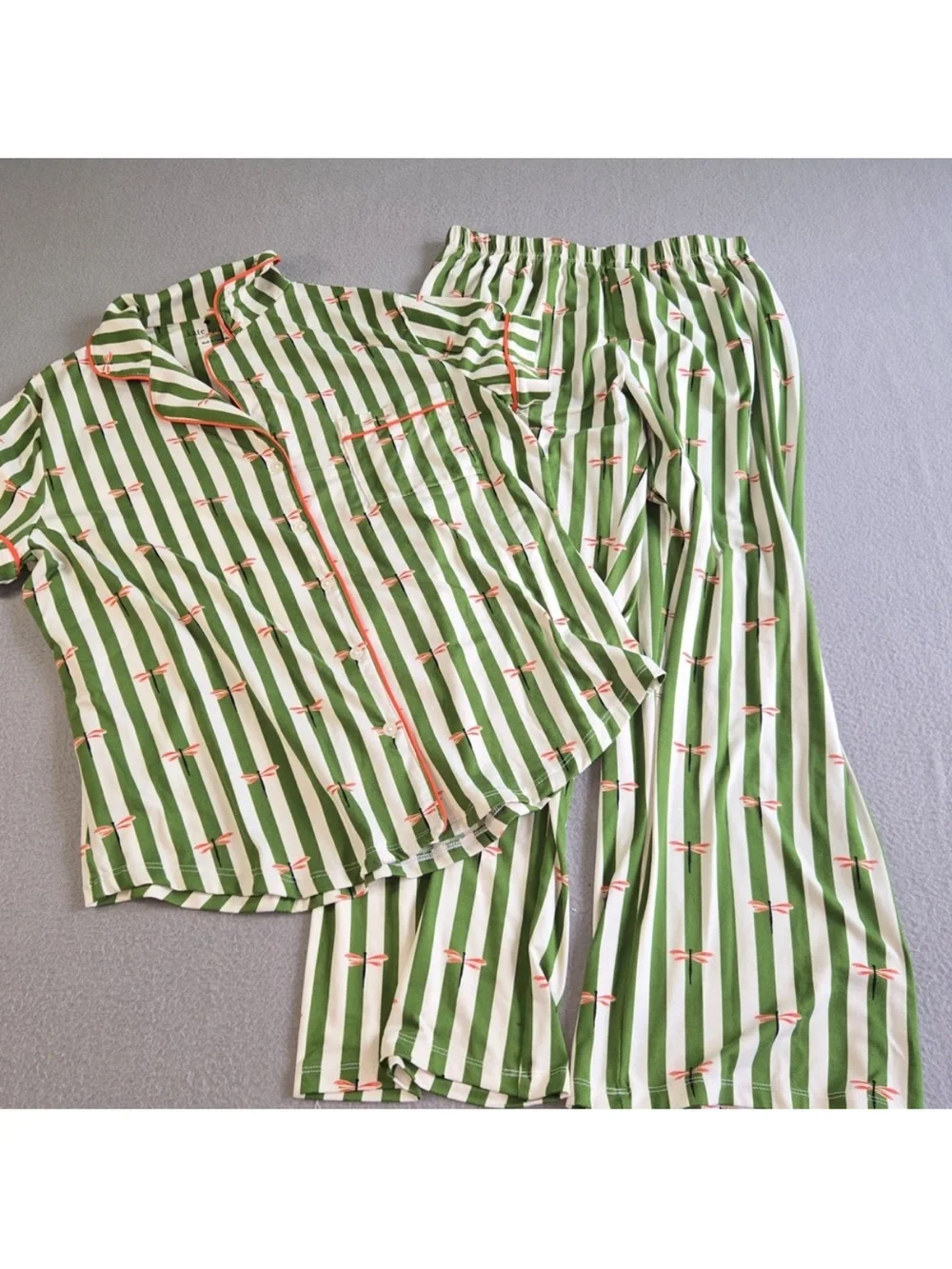 Kate Spade Pajama Set Womens S Green White Striped Dragonfly Short Sleeve Pant